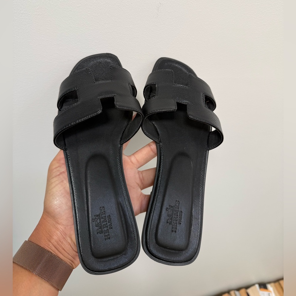 Hermes Black Leather Oran Slide Mule